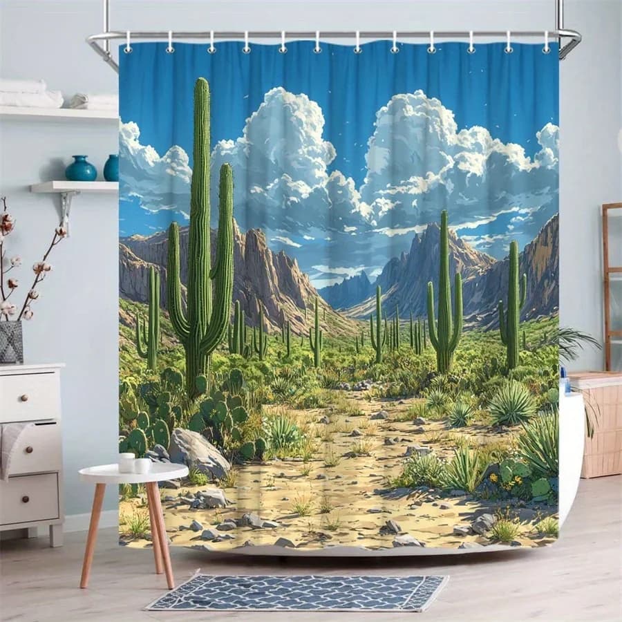 Tenda da doccia con cactus Saguaro e paesaggio del deserto - Decorazione per il bagno in stile sud-ovest con terreno roccioso e arte digitale con cielo azzurro, resistente