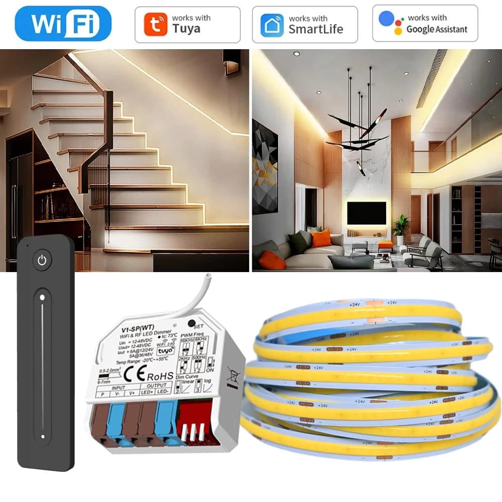 10m 20m Tuya WiFi COB LED Strip 24V Dimmerabile Luce flessibile per ambienti Bianco caldo 3000K 4000K 6000K RF Remote per Alexa Home Assistant