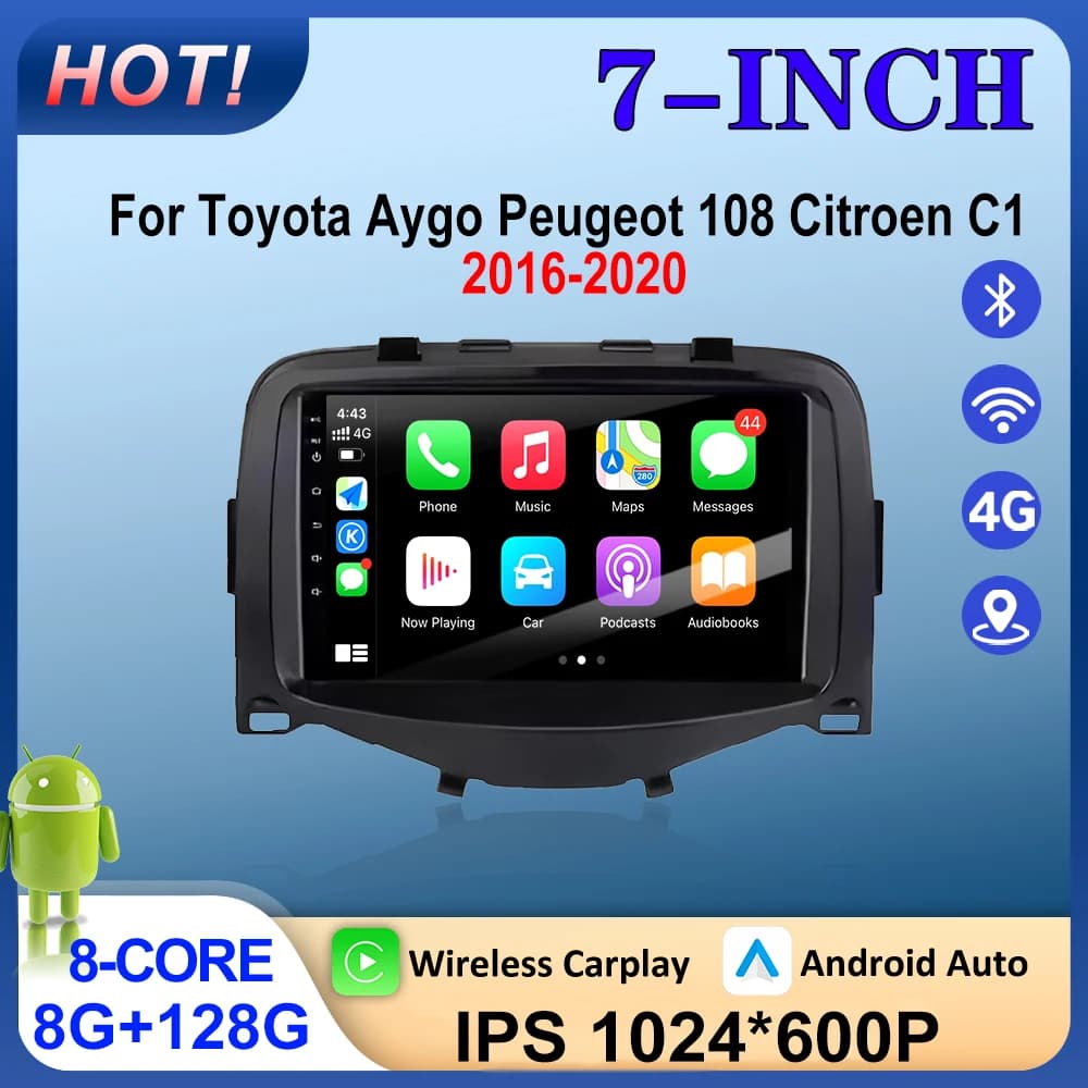 7inch For Toyota Aygo Peugeot 108 Citroen C1 2016-2020 Car Carplay Auto Navigation GPS Multimedia Video Player BT WiFi DSP