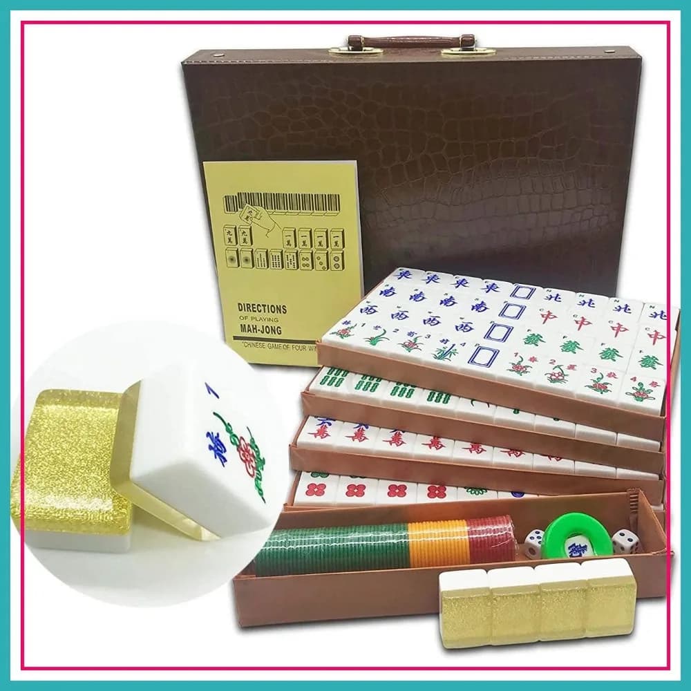 Set Mahjong da 144 Pezzi, Tessere in Acrilico da 1,5 Pollici con Brillantini Dorati, Numeri Arabi e Caratteri Cinesi, Valigetta da Viaggio Inclusa