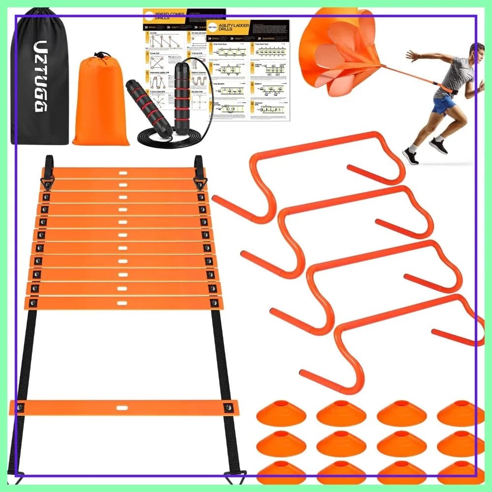 Set per Allenamento di Velocità e Agilità: Scala da 6 Metri, 4 Ostacoli, 12 Coni, Corda per Saltare, Paracadute da Corsa per Calcio, Football, Basket
