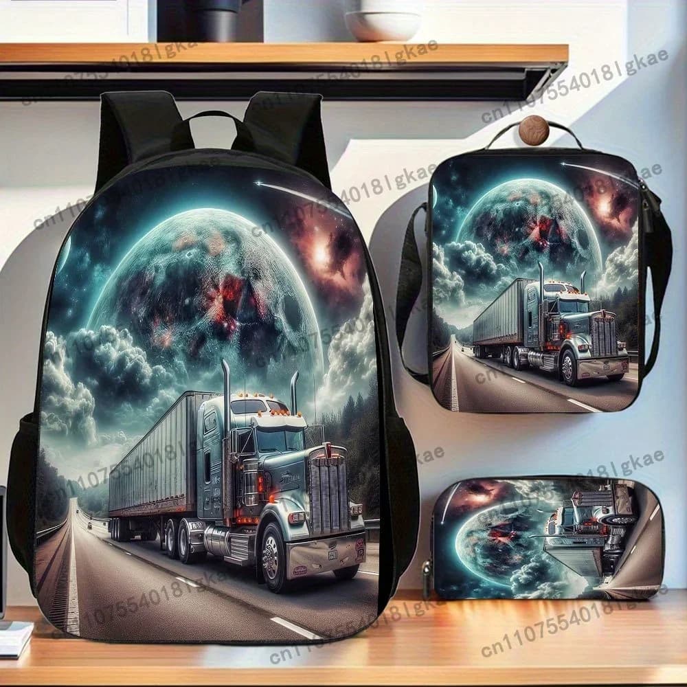 Monster Truck 3pcs/ Set High-Capacity Travel Backpack Includes Large Capacity Casual Double Shoulder Backpack, Pencil Bag And Lu