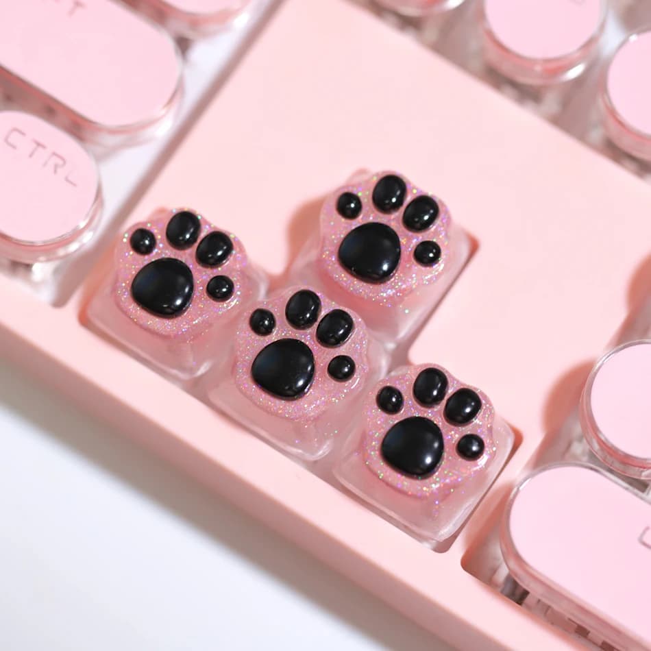 4 black transparent buttons in the shape of cat's leg, handmade, for MX mechanical keyboard, RGB backlit, WASD keys and arrow, resin.