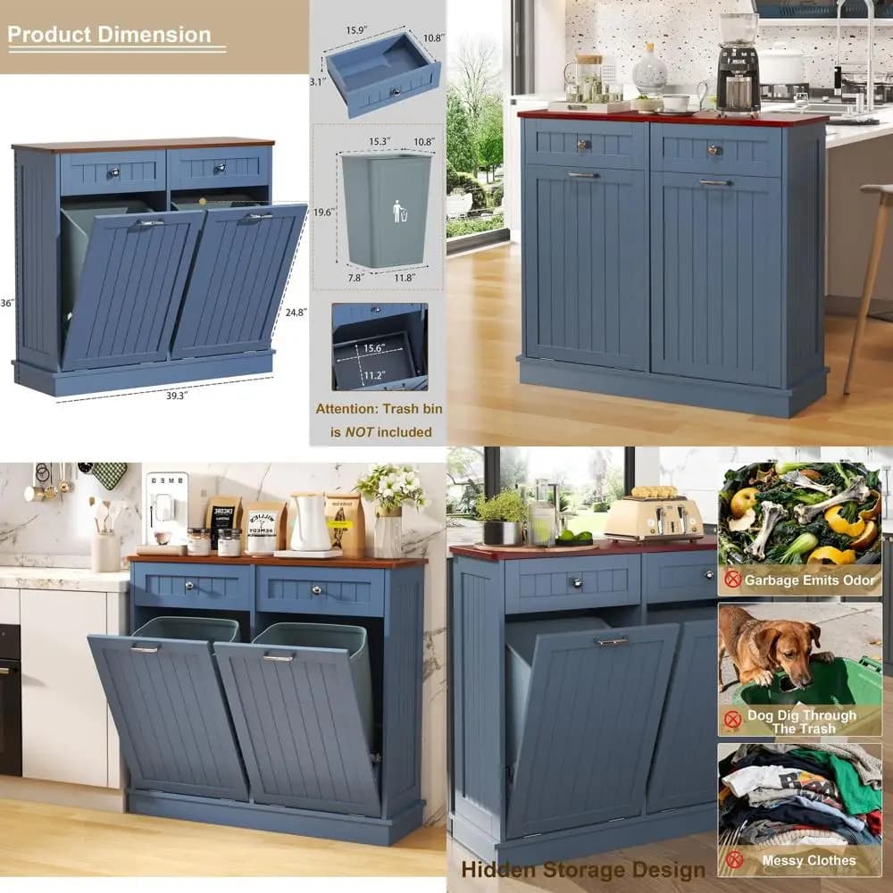 Mobiletto da cucina in legno a doppio contenitore per rifiuti e riciclo con coperchio anti-cane, blu