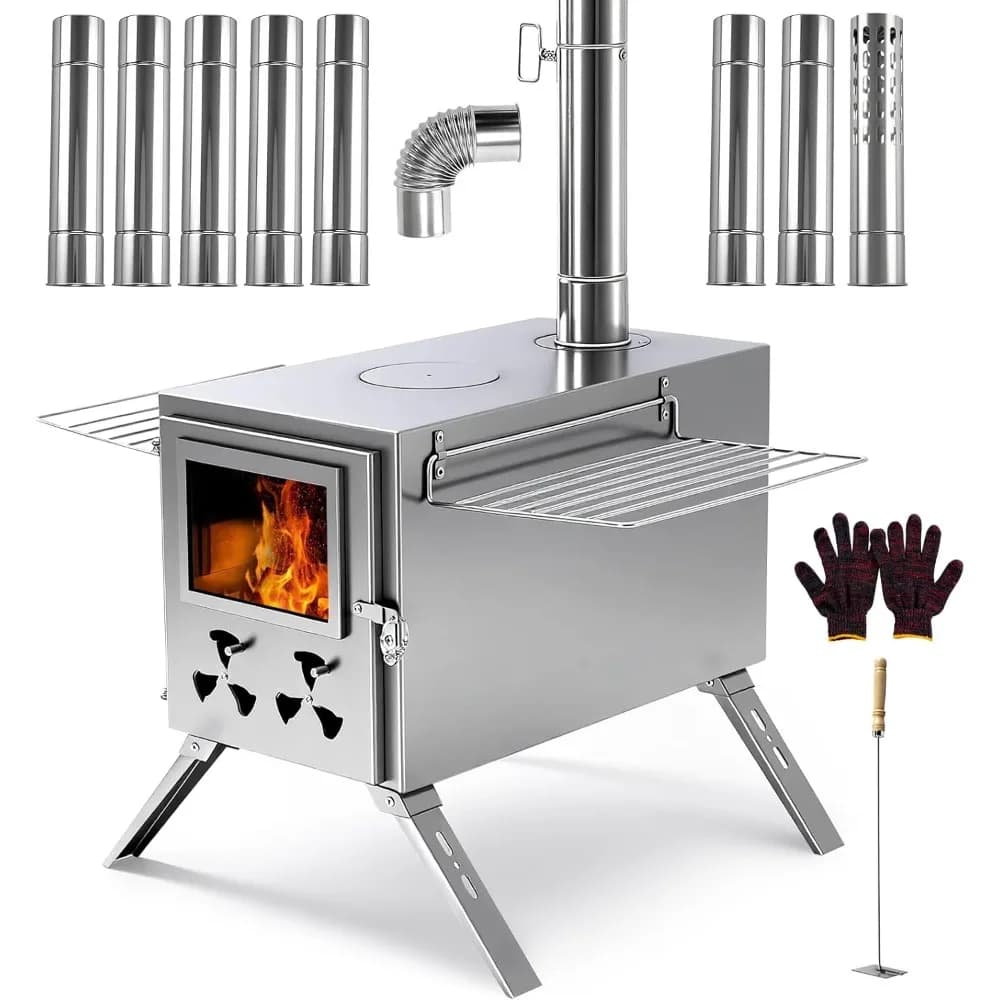 Stufa a legna portatile aggiornata per campeggio, cucina e caccia con 9 tubi per camino e grande stufa per tenda calda