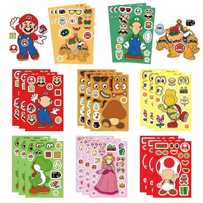 8 Pezzi Adesivi Anime Marios Bros, Luigi, Toad, Yoshi, Peach, Puzzle Interattivo Genitore-Figlio, Adesivi Fai-da-Te per Bambini