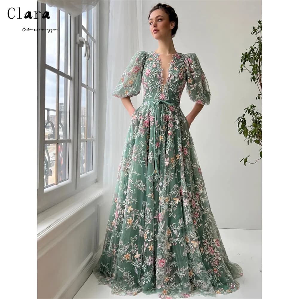 Clara Custom A-line Fiore Scollo a V Abiti da sera in pizzo 2025 Donna di lusso Elegante abito da sera Abito lungo da ballo Abito da ballo da donna