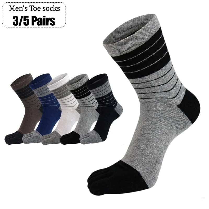 3/5 Pairs Men Five Toe Crew Socks Soft Cotton Breathable Striped Color Block Split Toe Socks Elastic Mid Calf Socks for Sports