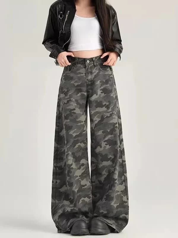 American Retro Camouflage Work Pants Women's Spring Summer New High Waist Slim Straight Casual Loose Wide Leg Jeans