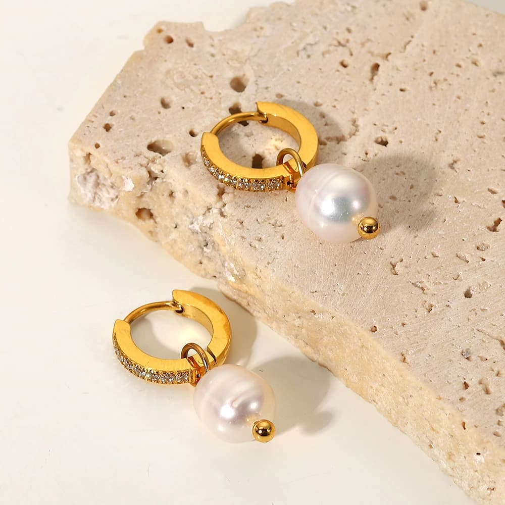 VQYSKO Stainless Steel Pearl Earrings Crystal Circle Ladies Party Commuter Accessories Gift