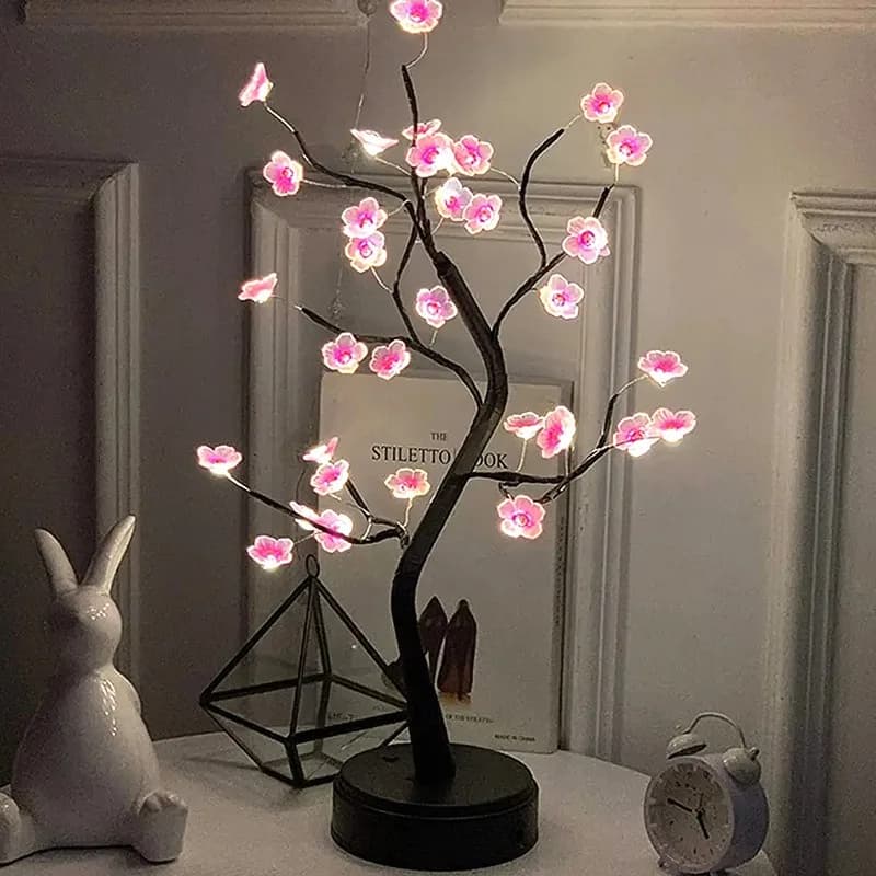Lampada da Tavolo a Forma di Albero con Luce Notturna, Alimentazione USB/Batteria, Interruttore Touch, Bonsai Artificiale con Fiori di Ciliegio, Lampada LED Decorativa da Scrivania