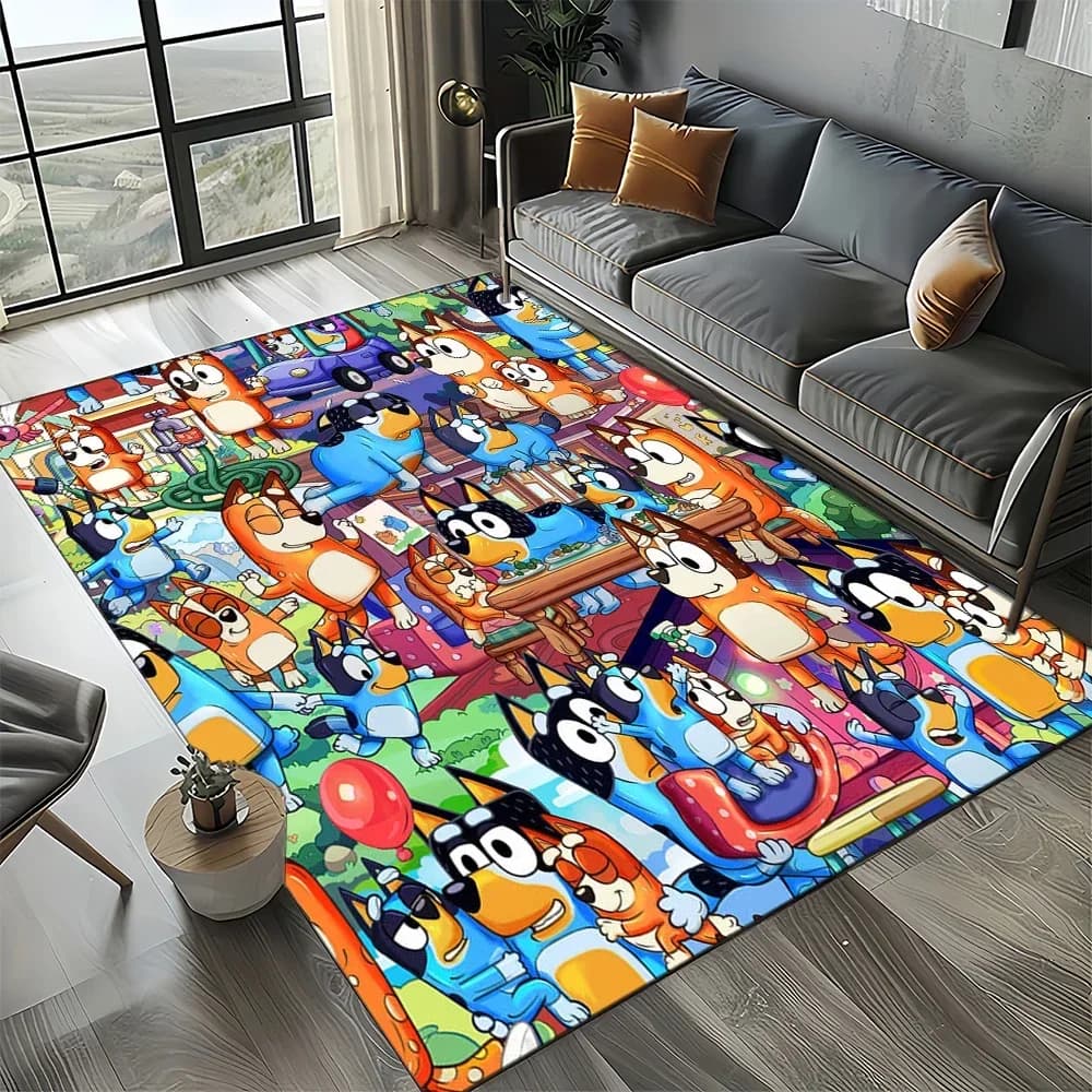 Tappeto 3D con Stampa Famiglia Bluey, Decorazione per Soggiorno e Camera da Letto, Tappetino Antiscivolo per Bambini