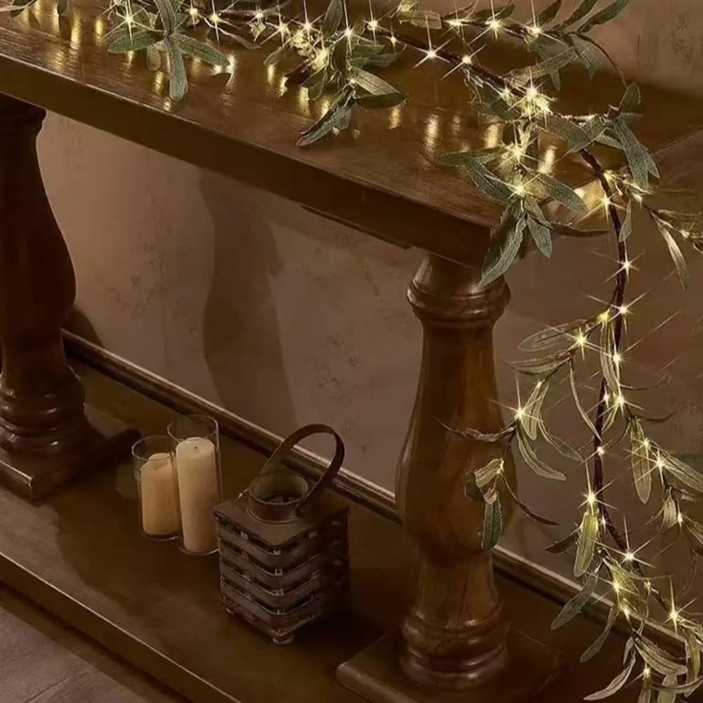 Ghirlanda di olive preilluminata con atmosfera luminosa da elfo con lucine per decorazioni natalizie per caminetti, vite di oliva artificiale da 6 piedi con timer