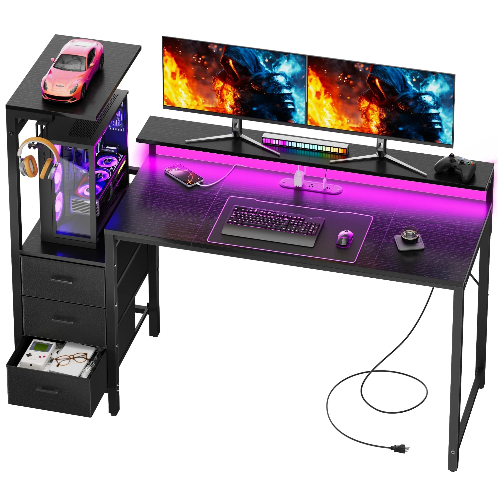 44/60 inch Computer Desk with Built-in Power Strip, Adjustable Monitor Riser, 3 Fabric Storage Drawers, PC Tower Stand & Headphone Hooks, Ergonomic Home Office Writing Workstation for Bedroom Study