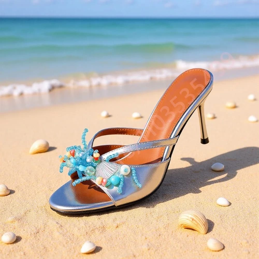 Sandali con tacco alto e plateau metallizzato 2026 da donna, con punta aperta, cinturino alla caviglia, decorazioni a stella marina e conchiglie, per feste estive in spiaggia