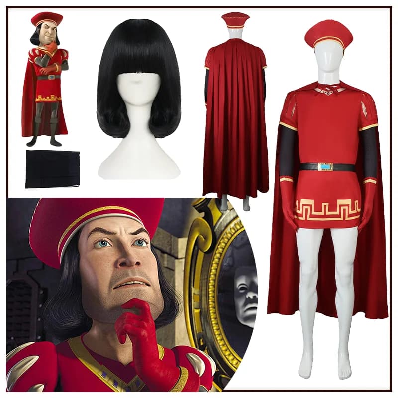 Shrek FILm Anime Costume Cosplay Farquaad Parrucca Rossa Mantello Vestito Guanto Ragazzi Uomini Abbigliamento Quotidiano Cappello Fresco Cintura Manica Natale Halloween