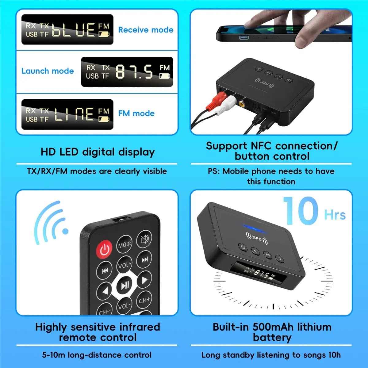 DT441~Bluetooth 5.0 Receiver Transmitter FM Stereo AUX 3.5mm Jack Wireless NFC Bluetooth Audio Adapter for TV PC Headphone