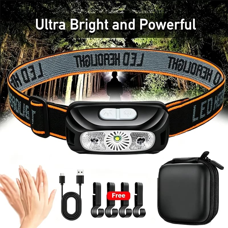 Torcia Frontale LED Potente Portatile con Sensore, Ricaricabile USB, per Campeggio, Pesca, Emergenze