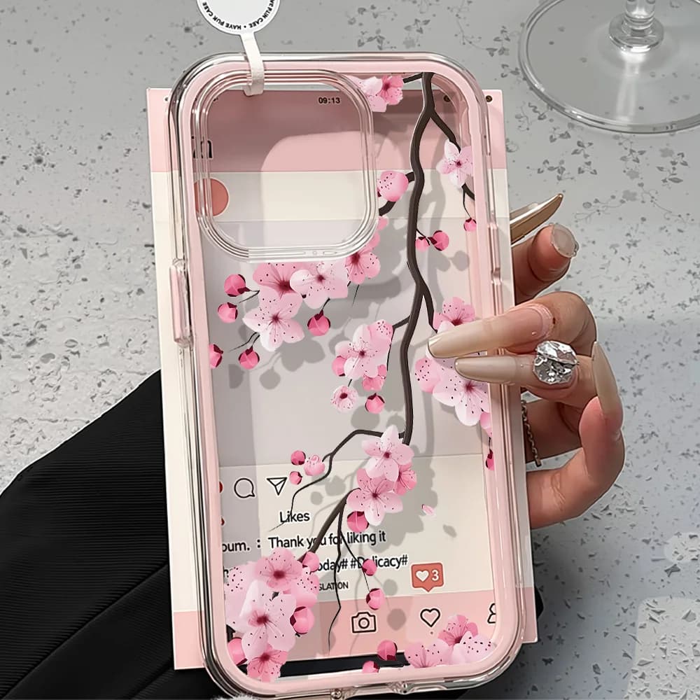 2in1 Pink Flower Case For iPhone 17 Pro Max Clear Cases iPhone 16 15 12 13 14 Pro Max Air 11 iPhone17 15 Transparent Funda Cover