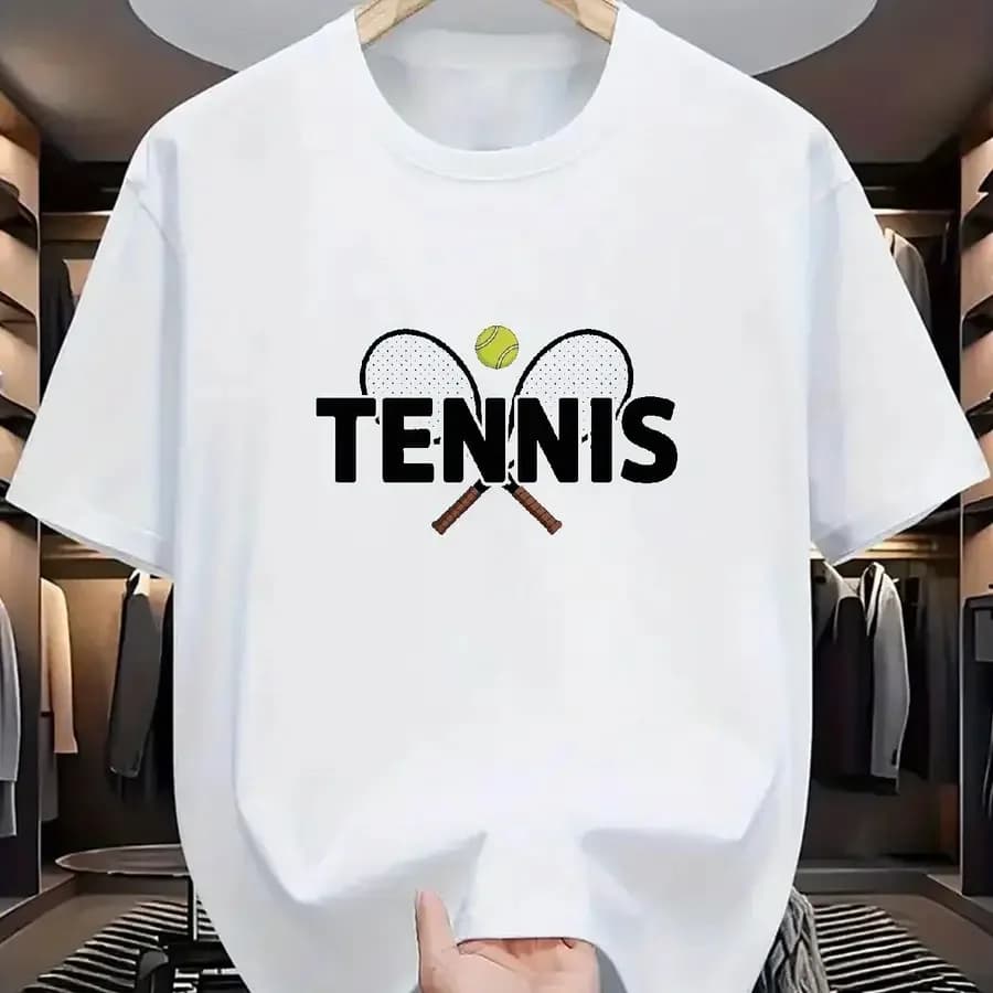 【Nuovo arrivo】T-shirt minimalista con stampa racchetta da tennis e palla, maglietta bianca con grafica classica da tennis, top sportivo casual
