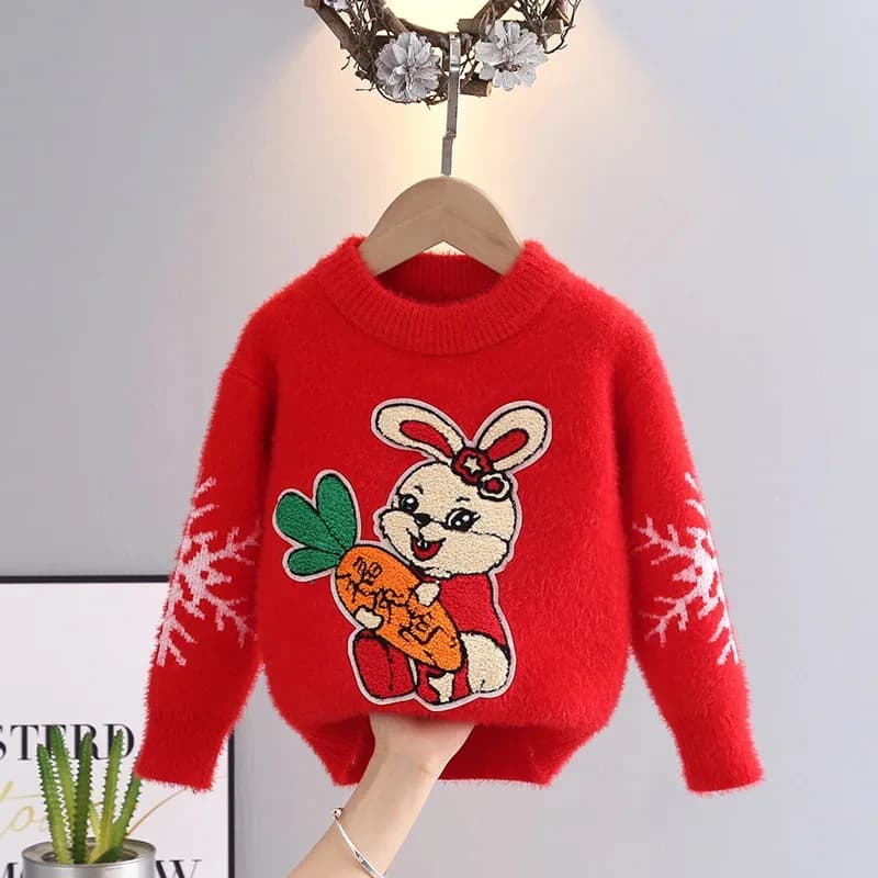 Cashmere visone coniglio rosso per bambini Autunno Inverno Girocollo Pullover lavorato a maglia Ragazze Peluche caldo Maglieria Maglione alla moda