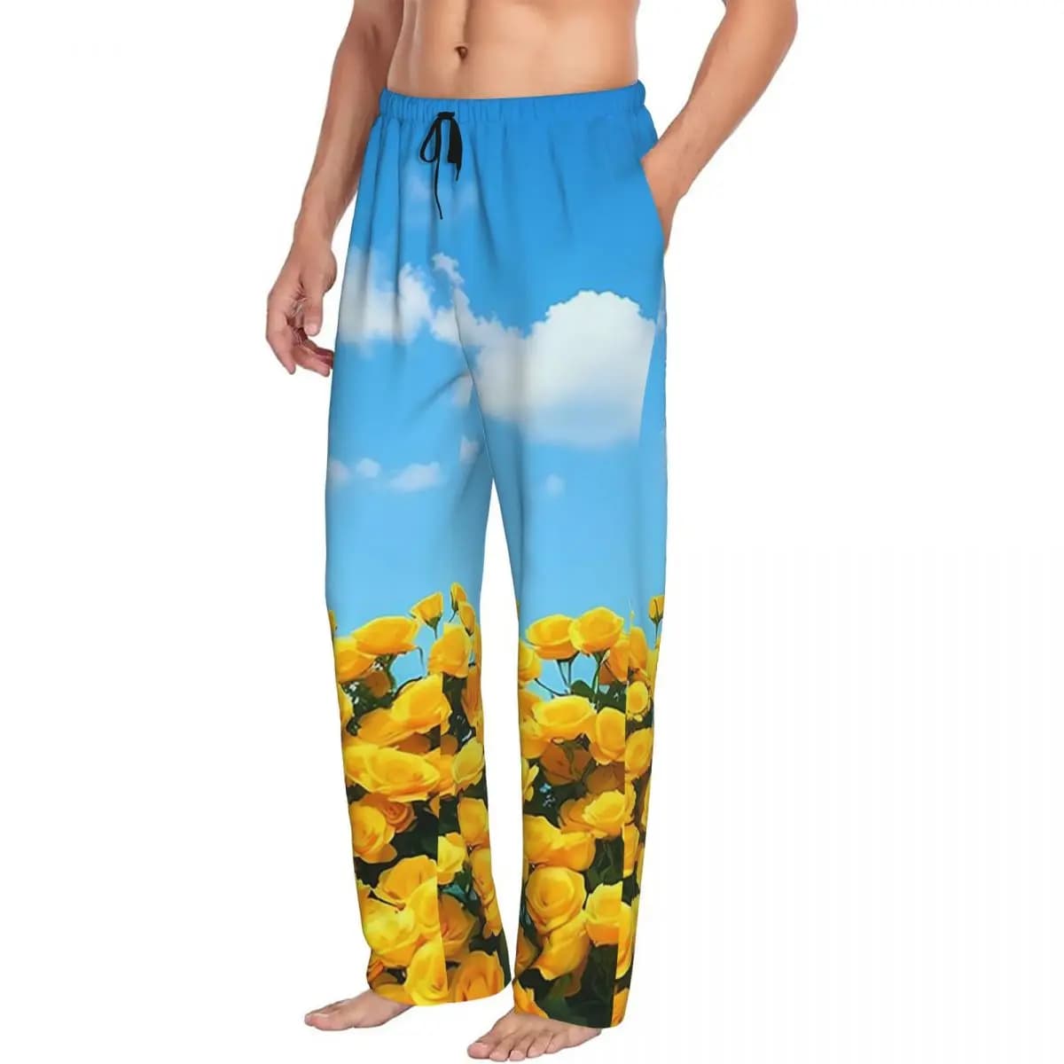 Pantaloni da pigiama da uomo personalizzati con rose gialle Bloom Sky Pantaloni da notte per dormire con tasche