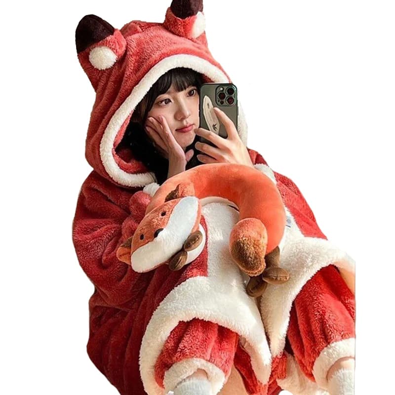 Soft red fox costume and thick winter nightgown women's nightgown long bathrobe cartoon Halloween animal cosplay nightgown with hood