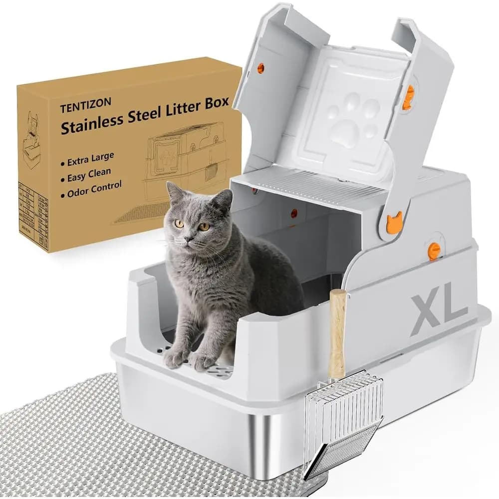 Lettiera per Gatti Grande in Acciaio Inossidabile con Coperchio, Bordi Alti, Tappetino, Paletta, Adatta per Gatti Grandi e Gattini, Anti-Odore
