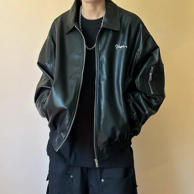 Retro Stylish Embroidered Biker Jacket Men's Short Trendy Pilot Fashion Outerwear Spring Autumn New Arrival Leather Coat