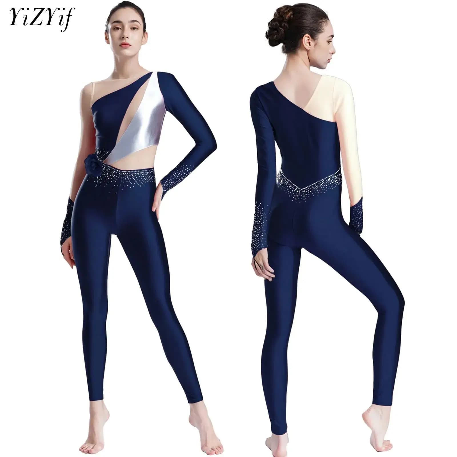 Body da donna per ginnastica, acrobazie, pattinaggio di figura, fiore, spilla, manica lunga, strass, balletto, danza, body per spettacoli teatrali