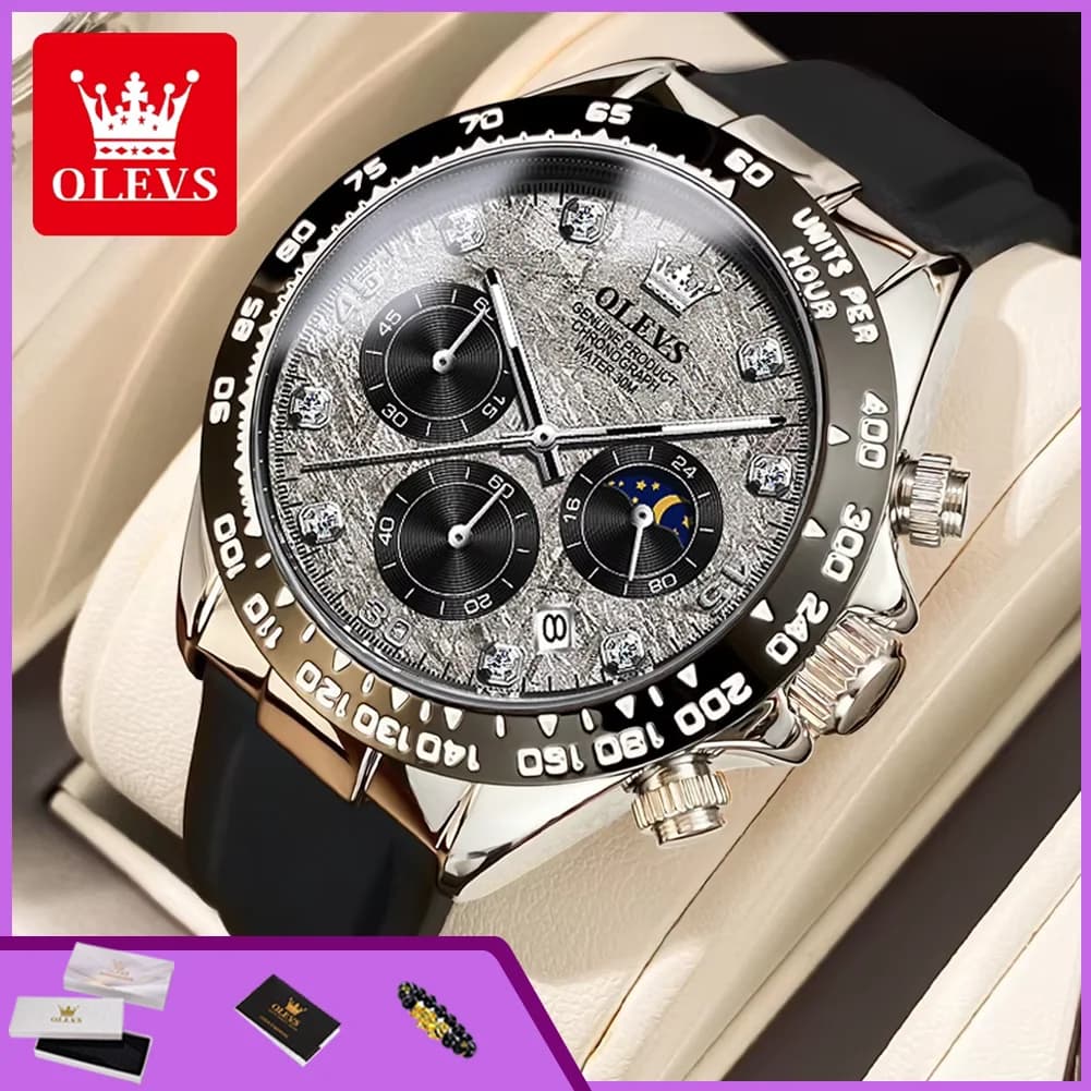 OLEVS 2875 Orologio al Quarzo per Uomo, Marca di Lusso Originale, Cinturino in Silicone, Cronografo, Data Automatica, Impermeabile, Fasi Lunari, Orologio Sportivo da Uomo