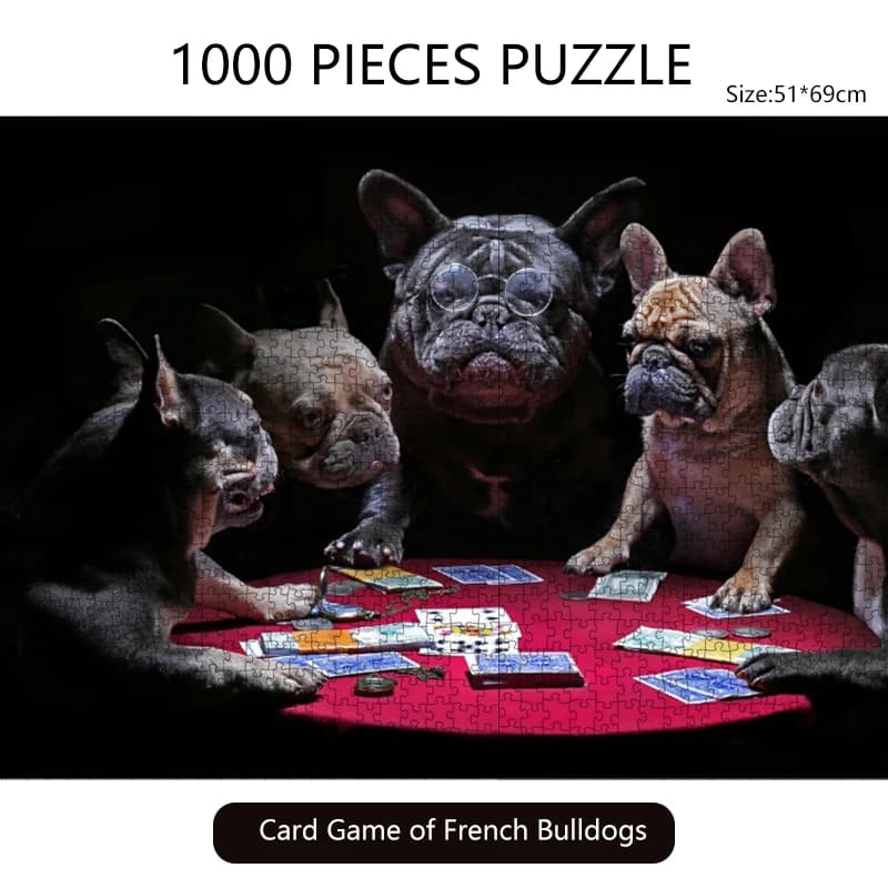 69*51 cm Puzzle di carta 1000 pezzi Gioco di carte di Bulldog francesi Animali Pittura Intrattenimento educativo Giocattoli per bambini adulti