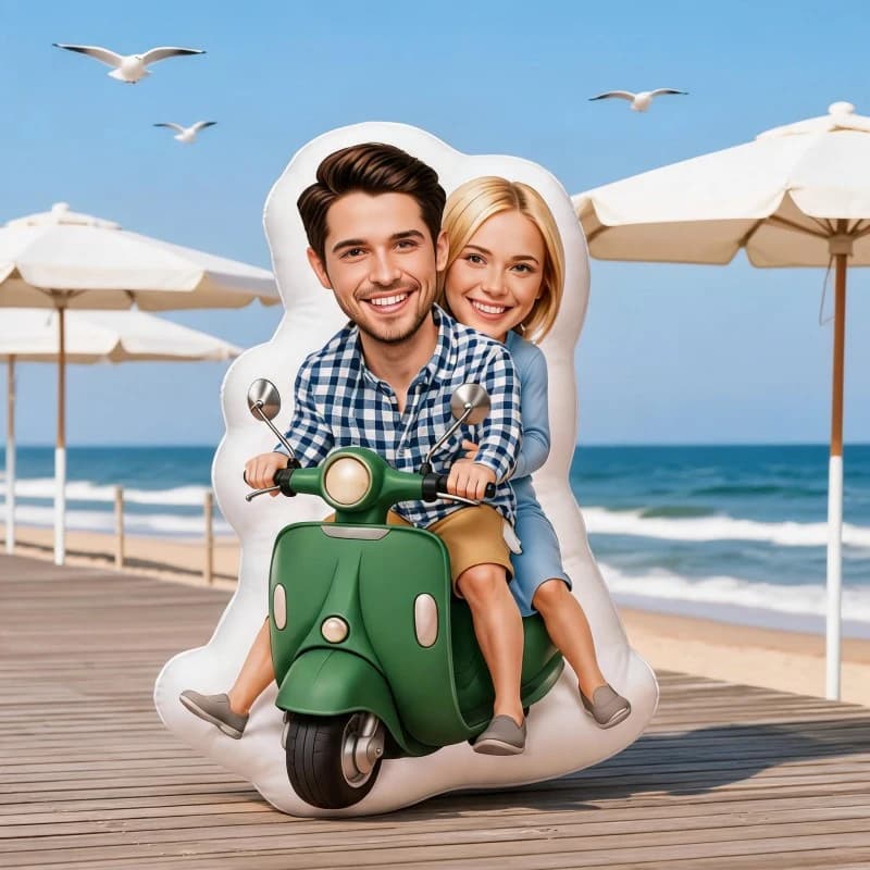 Custom Personalized Couple Photo Shaped Pillow, Smiling Pair on Green Scooter Decorative Cushion, Unique Home Decor Accent for S