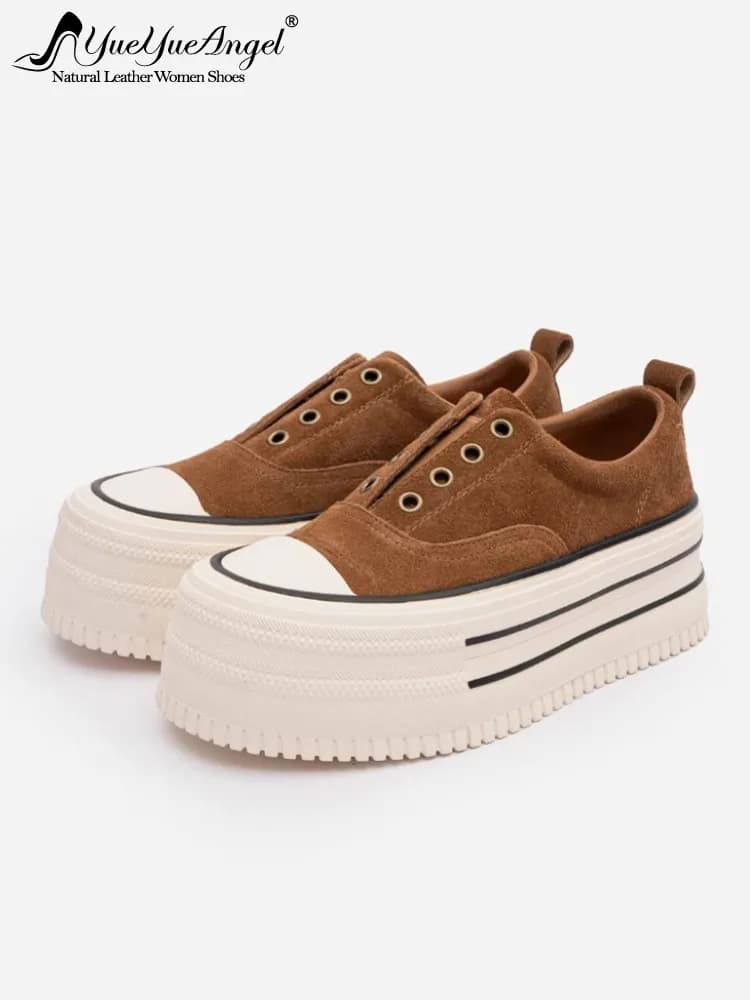 Mocassini da donna in vera pelle con plateau spesso e tacco alto, slip-on, stile Harajuku, casual, per aumentare l'altezza