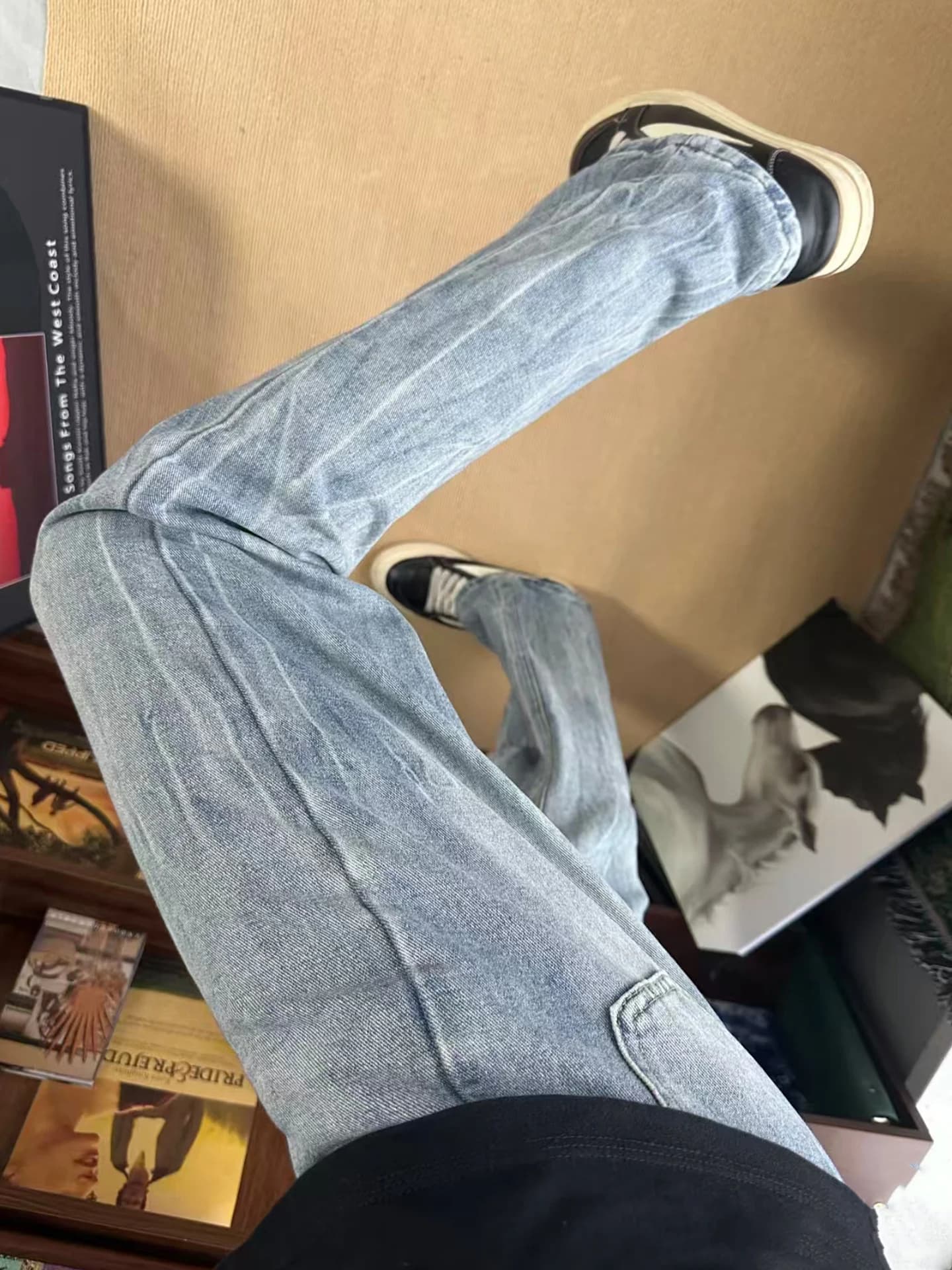 Jeans da Uomo Blu Chiaro a Gamba Dritta Slim Fit, Stile Americano High Street, Pantaloni Micro Flare Cleanfit per Uso Quotidiano e Viaggi