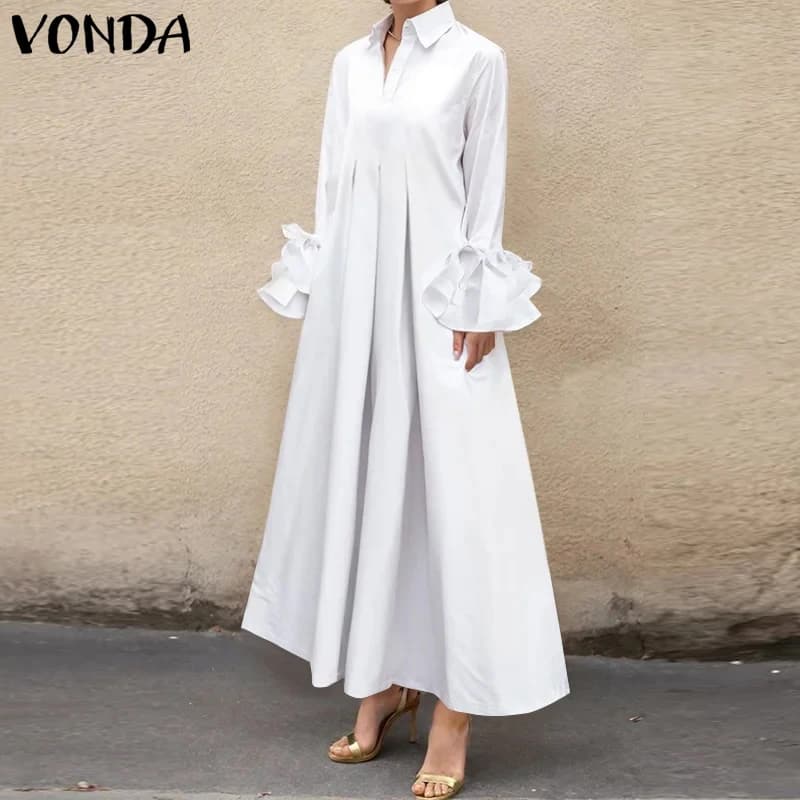 Plus Size 5XL VONDA Abito camicia elegante da donna Abito lungo maxi pieghettato con volant 2025 Abito estivo solido allentato casual Abito a maniche lunghe