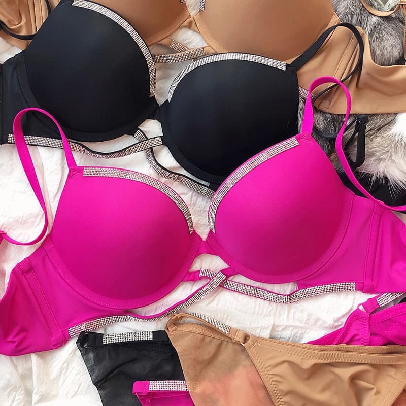Set intimo donna sexy Reggiseno cavo incrociato Moda Strass Coppa Tinta unita Reggiseno push up Lingerie a V profonda Set da 2 pezzi