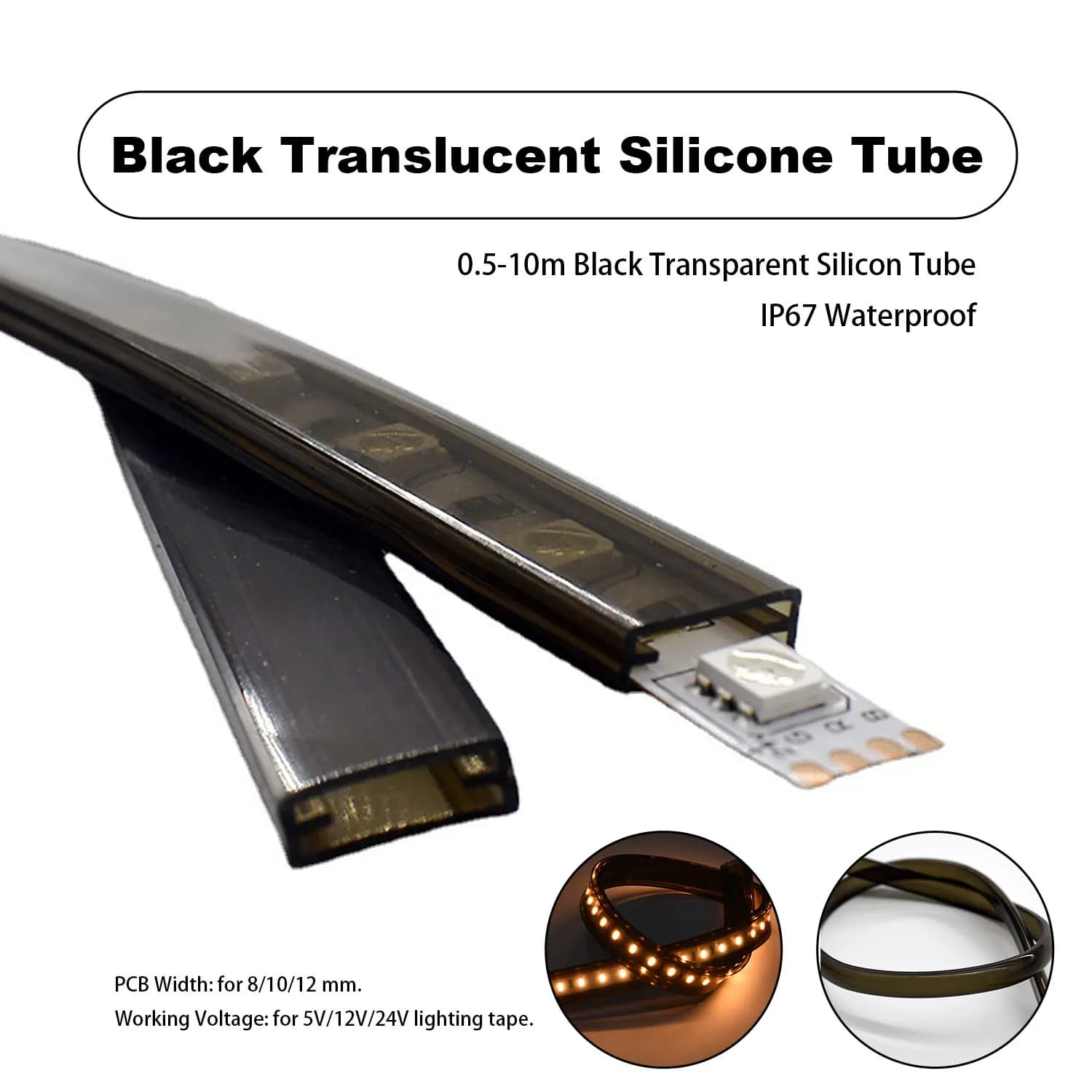 10-12mm Black Translucent Silicone Tube, Flexible Waterproof Cover for 2835/5050/1210 LED Neon Strip