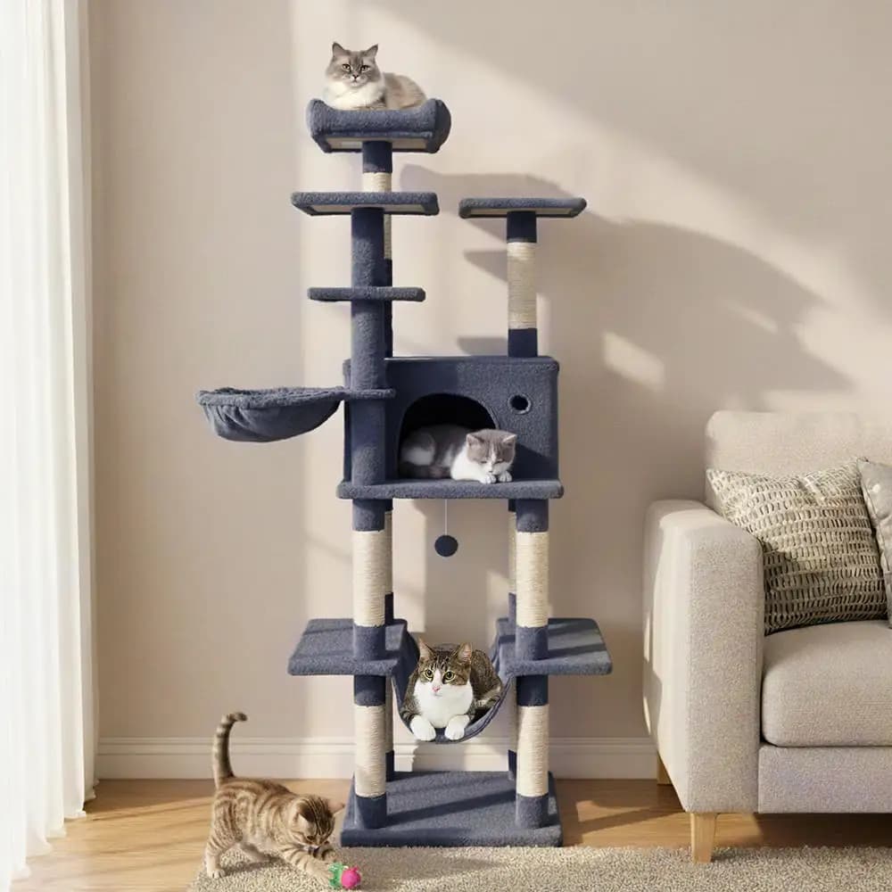 Large Cat Tree, 63 Inch Multi-Level Cat Tower With Sisal Scratching Posts, Rotating Hammock And Cozy Condo, Sturdy Durable Easy Assembly, Modern Minimalist Dark Gray Furniture For Living Room Bedroom