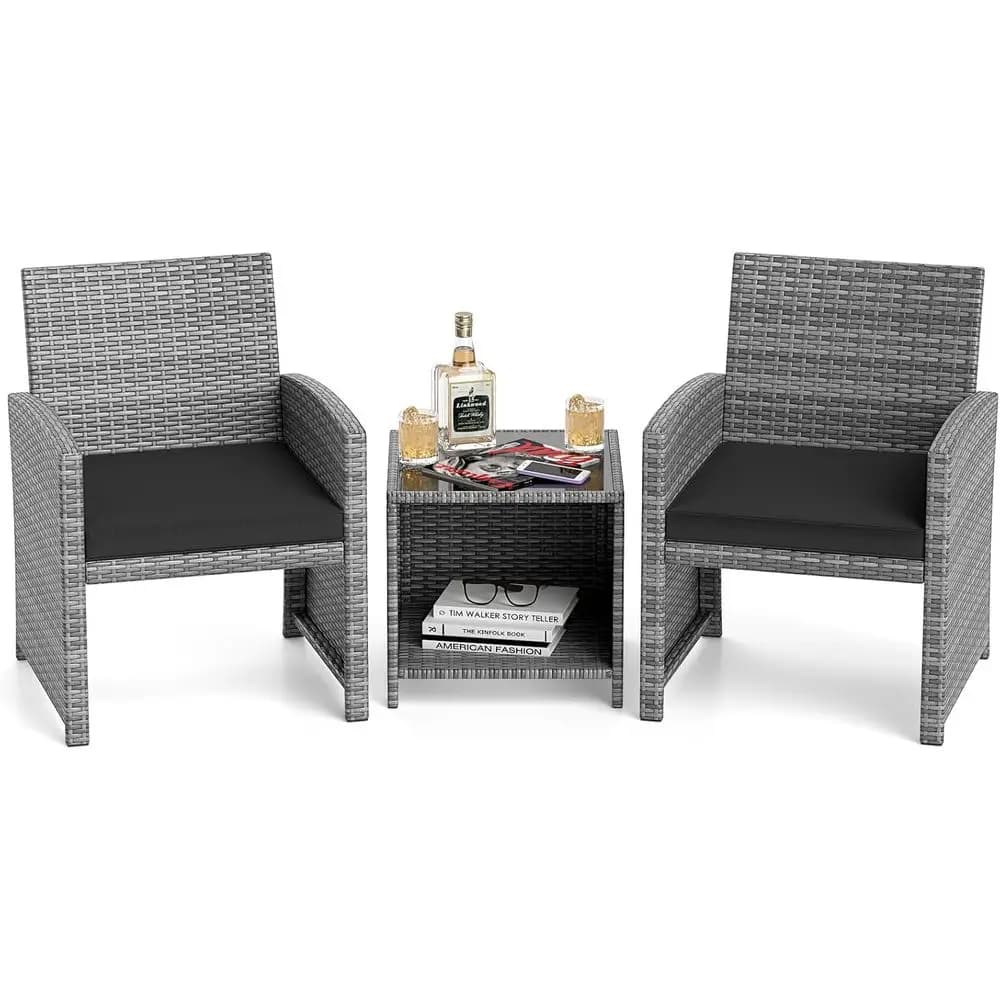 Set di mobili da giardino a 3 pezzi con sedie in rattan PE, tavolo in vetro temperato e cuscini per sedute, per giardino, bordo piscina (Nero)