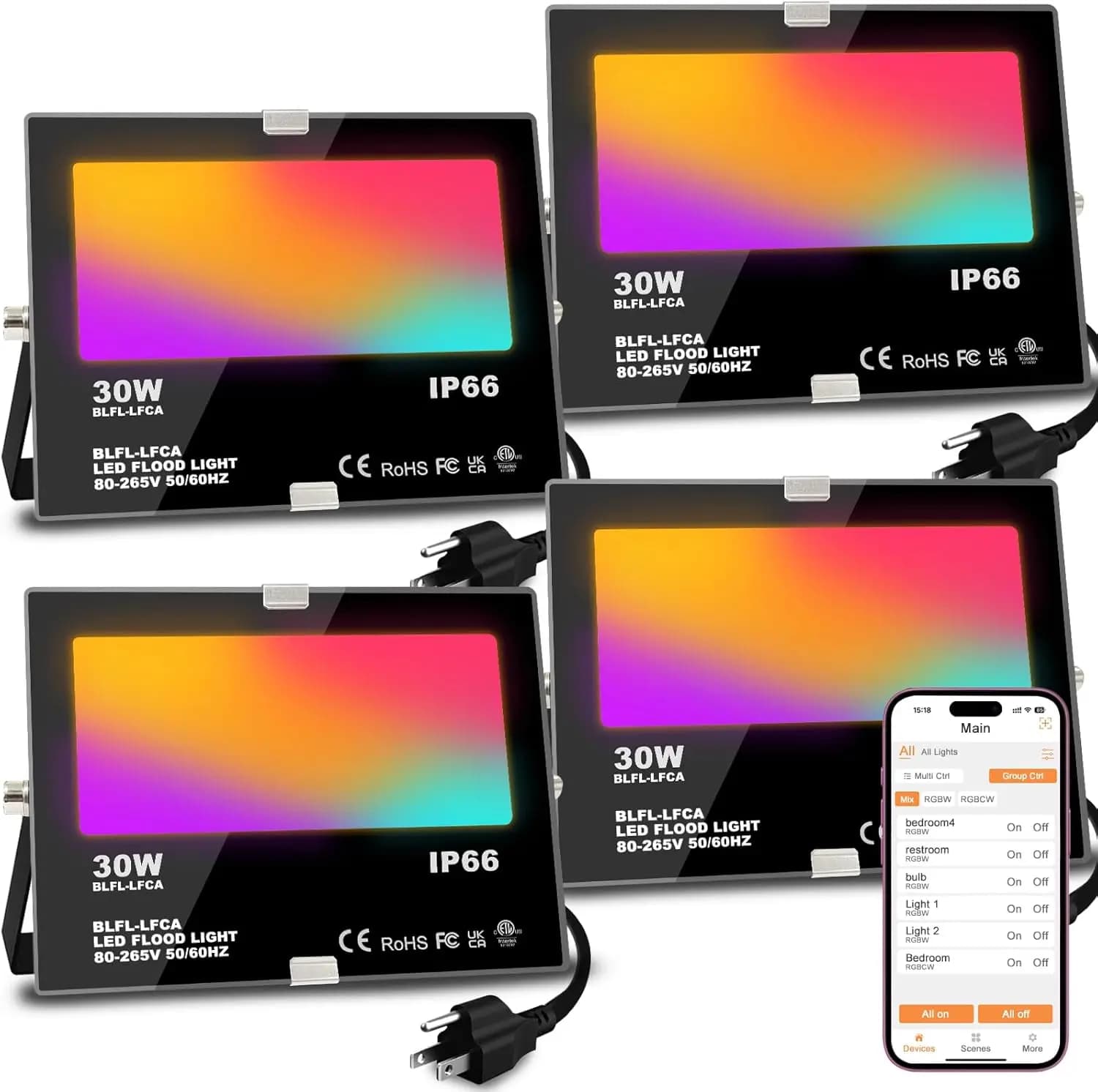 30W Exterior LED Light, Intelligent RGB Landscape Lighting with APP Control, 3000LM, IP66 Waterproof, USA Plug (Measurement 4)