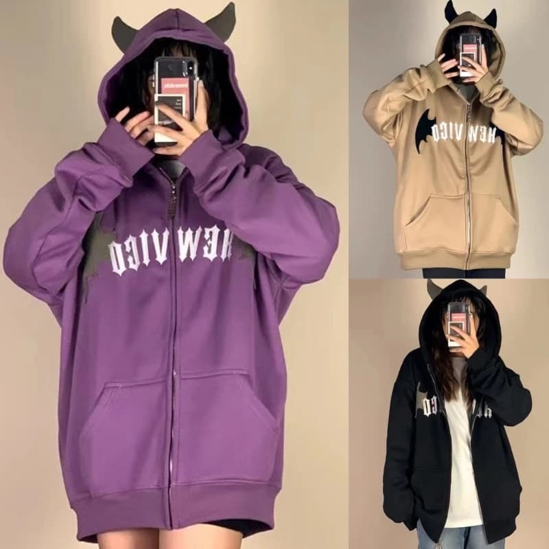 Stylish Womens Devil Horn Sweatshirt Long Sleeve Hoodie Zipper Hooded Tops Loose Lightweight Fall Clothes