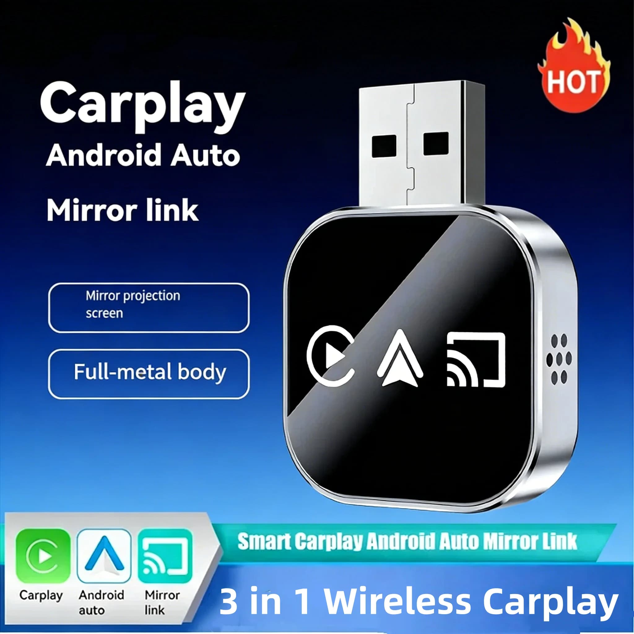 Aggiorna l'adattatore wireless Carplay Mirror Link 3 in 1 Conversione istantanea da cavo a wireless Plug & Play per Carplay cablato