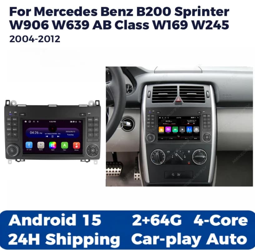 Android15 Car Radio Stereo For Mercedes Benz B200 Sprinter W906 W639 AB Class W169 W245 2004-2012 CarPlay Auto Multimedia Player