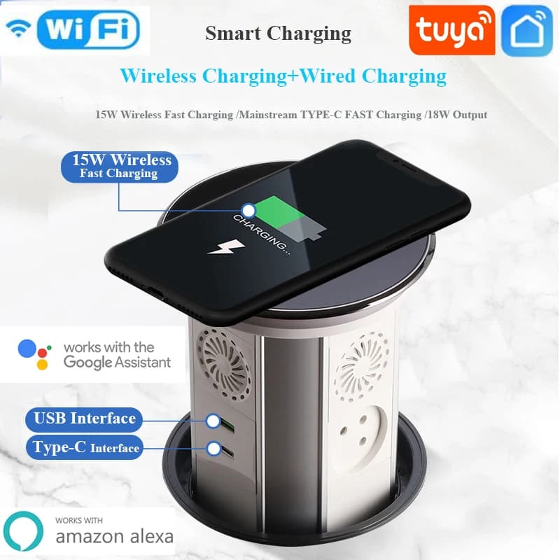 WIFI Tuya Touch Tavolo pop-up con sollevamento automatico Presa Israele IP65 Presa da incasso impermeabile Altoparlante Bluetooth Caricatore wireless