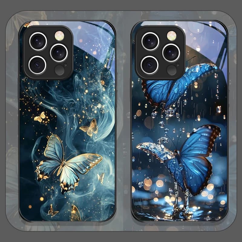 Luxurious Blue Butterfly Art Printed Tempered Glass Phone Case for IPhone 17 16 Pro Max Air 15 13 12 11 Mini XS X 14 Plus Cover