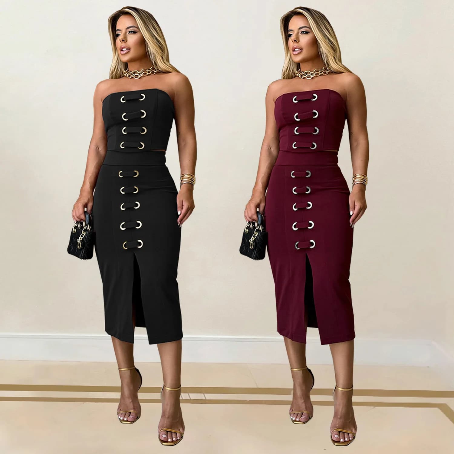 SKMY Set di gonne Top senza spalline sexy Gonne lunghe divise Elegante tinta unita alla moda Estate 2025 Nuovi abiti a due pezzi da donna