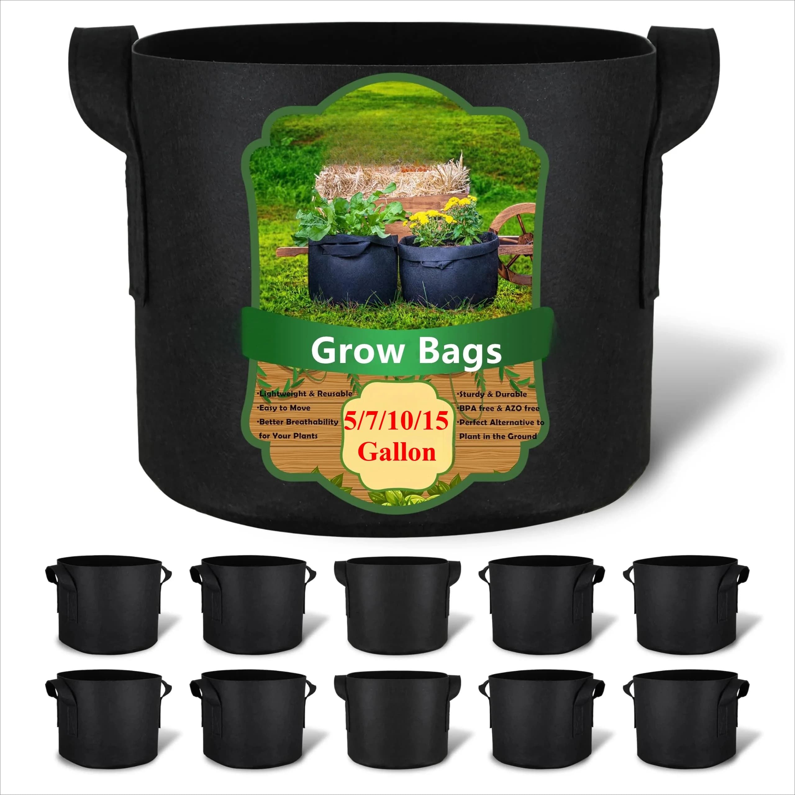 Pack of 5-20 bags for cultivation reusable from 5/10/15 gallons, vases in nonwoven fabric thickened by 300 g with handles to plant garden vegetables/flowers