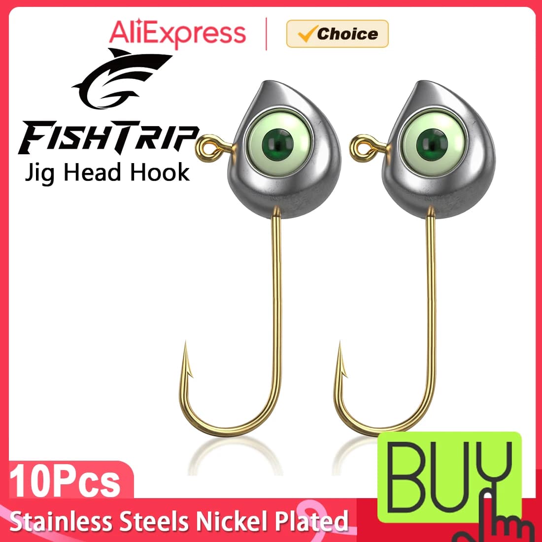 FishTrip 10 Pezzi Testine per Jig con Occhi Luminosi 3D, Testine Appesantite per Trota e Lucioperca, Ami da Pesca per Verme Morbido, Attrezzatura da Pesca