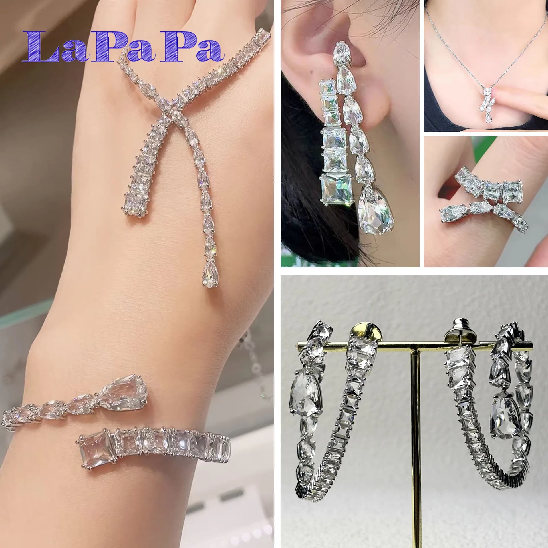 Princess Jewelry Sparkling Geometric Crystal Exquisite Necklace Earrings Ring Bracelet Charming for Women Wedding Jewelry Set